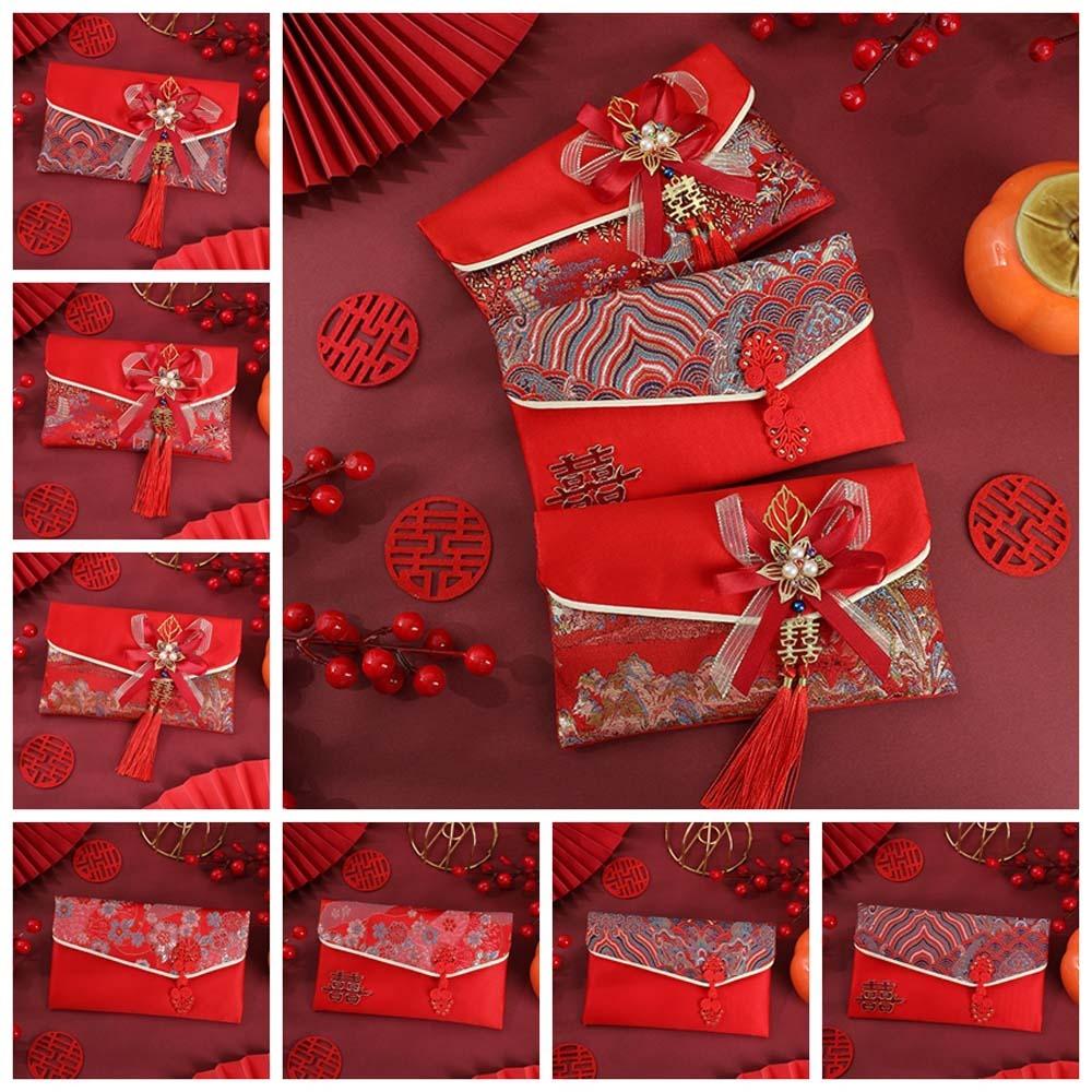 Spring Festival Brocade Red Envelope New Year Blessing Words New Year Money Bag  Wedding Birthday