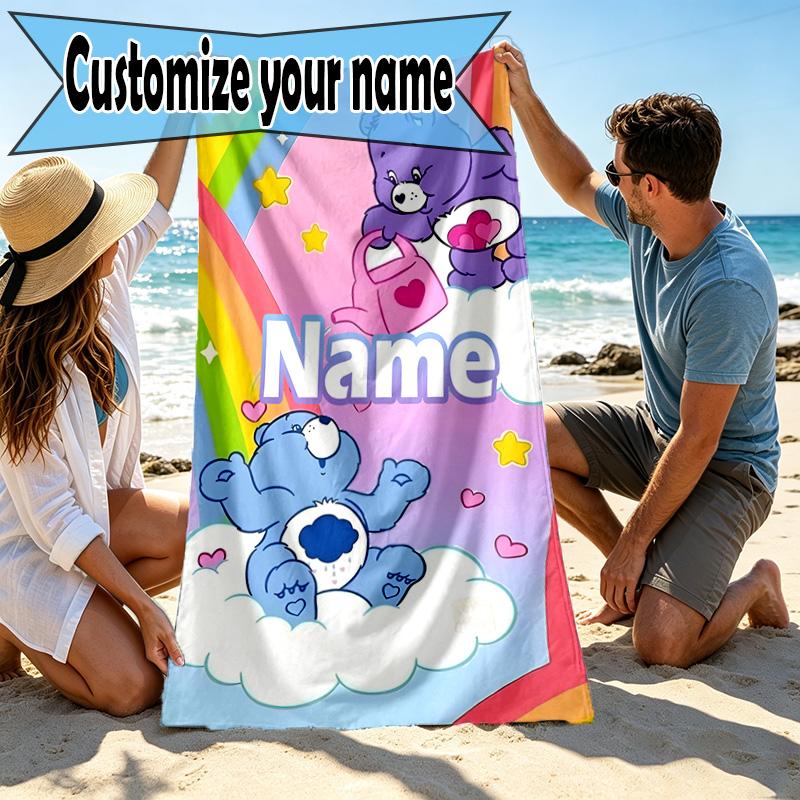 Custom Name Personalized Care Bears Print Beach Towel, for Trip Camping Beach Party Home Decor, Birthday Gift for Family & Friends