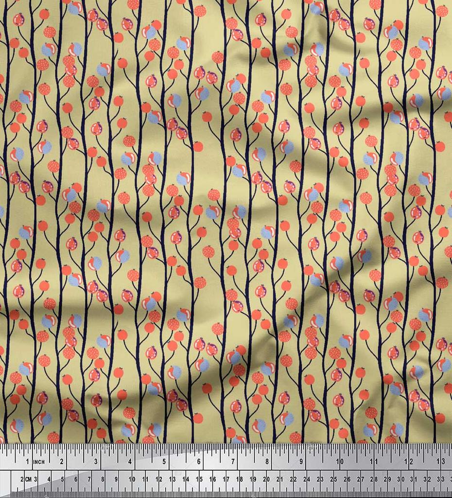 Soimoi Beige Japan Crepe Satin Fabric Branch & Red Berries Fruits Decor Fabric Printed Metre 42 Inch