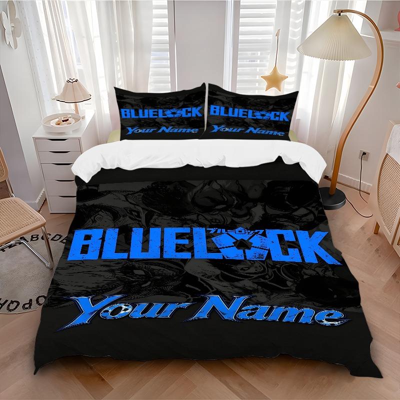 Blue Lock Custom Soccer Name Bedding Set Personalized Washable Custom 3Pcs Duvet Cover Pillowcases Soft Microfiber Home Bedroom Gift
