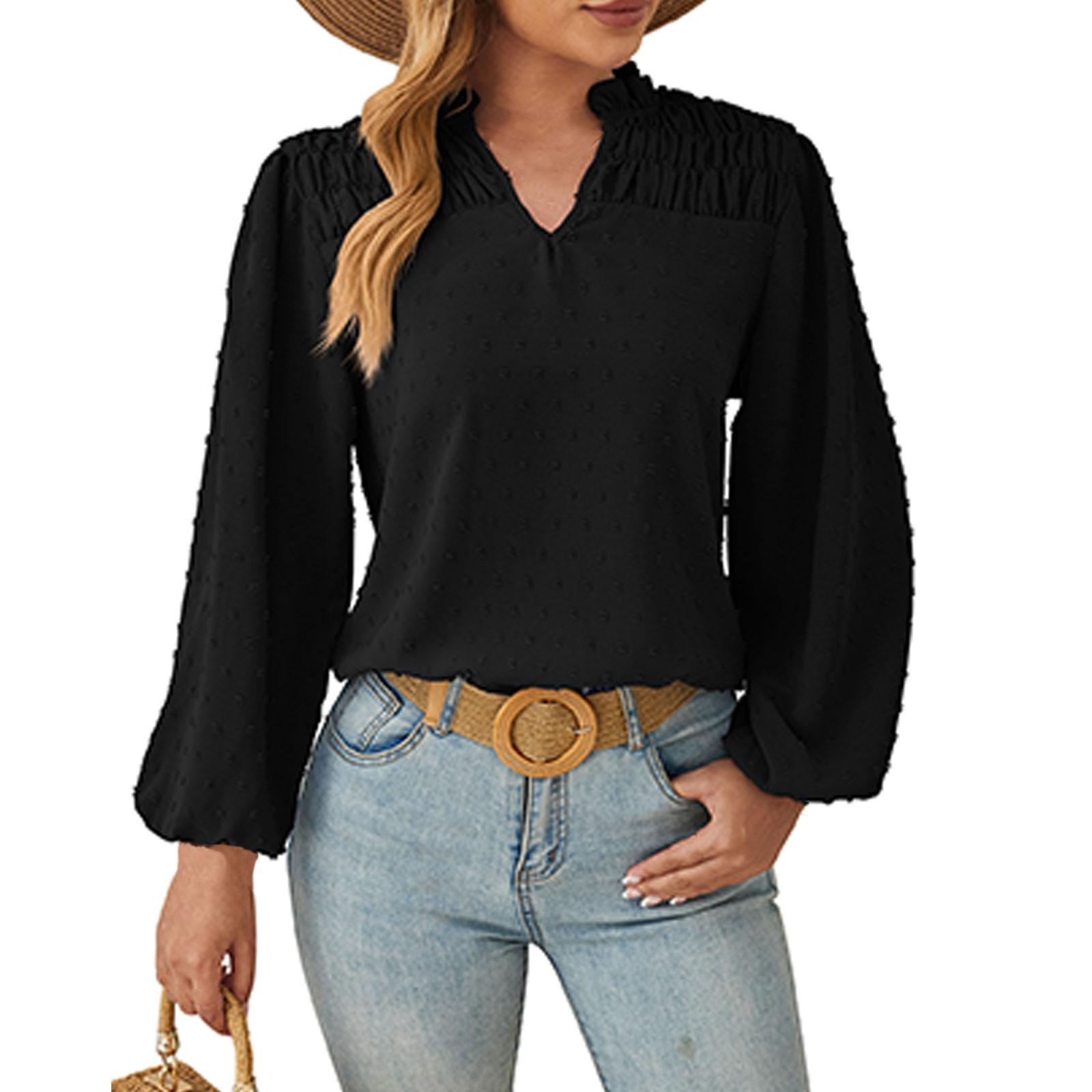 

Женская свободная тканая рубашка с длинными рукавами и v-образным вырезом со сборками XXL чёрный