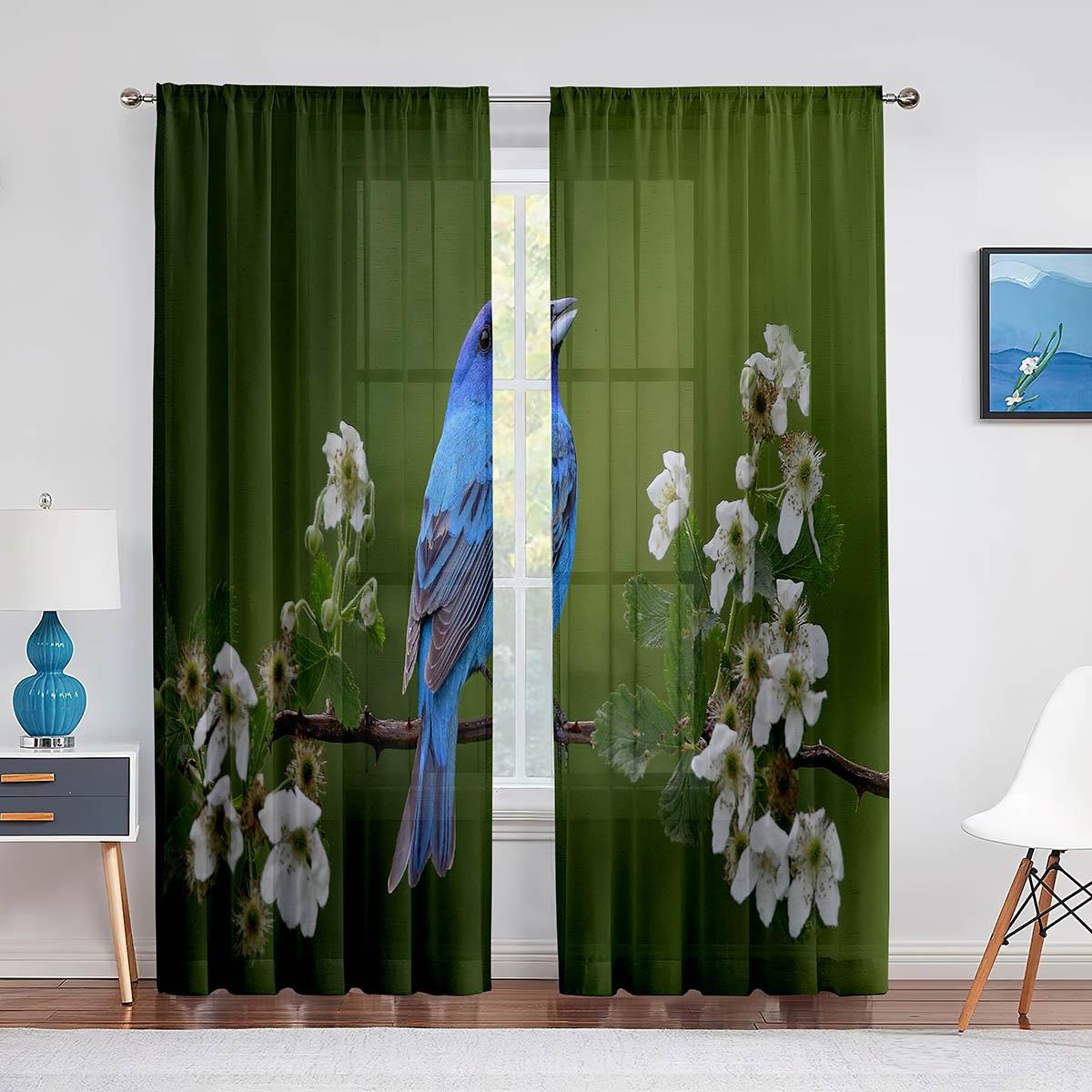 Тюлевые прозрачные шторы с милой синей птицей на ветке дерева для гостиной — фото 14