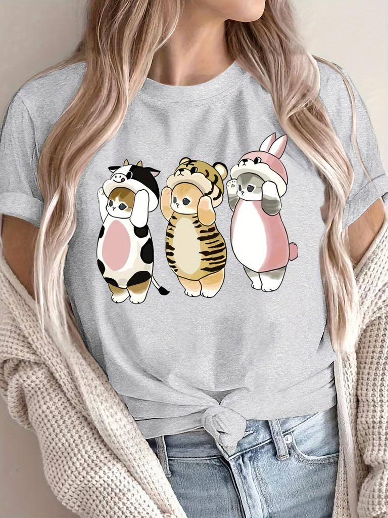 Women's Cute Cartoon Animal Print Short-Sleeve T-Shirt Casual & Sporty Design for with Adorable Cat Dog Rabbit & Bear Graphic