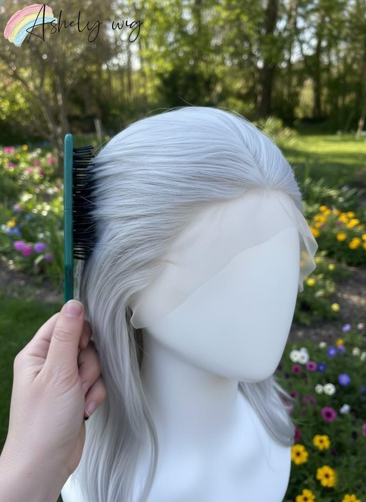 Ashely Sliver Gray Wig Cosplay Shoulder Length Mullet Wigs Layers Ponytail 13x4 Synthetic Lace Front Wig for Women Glueless Wigs
