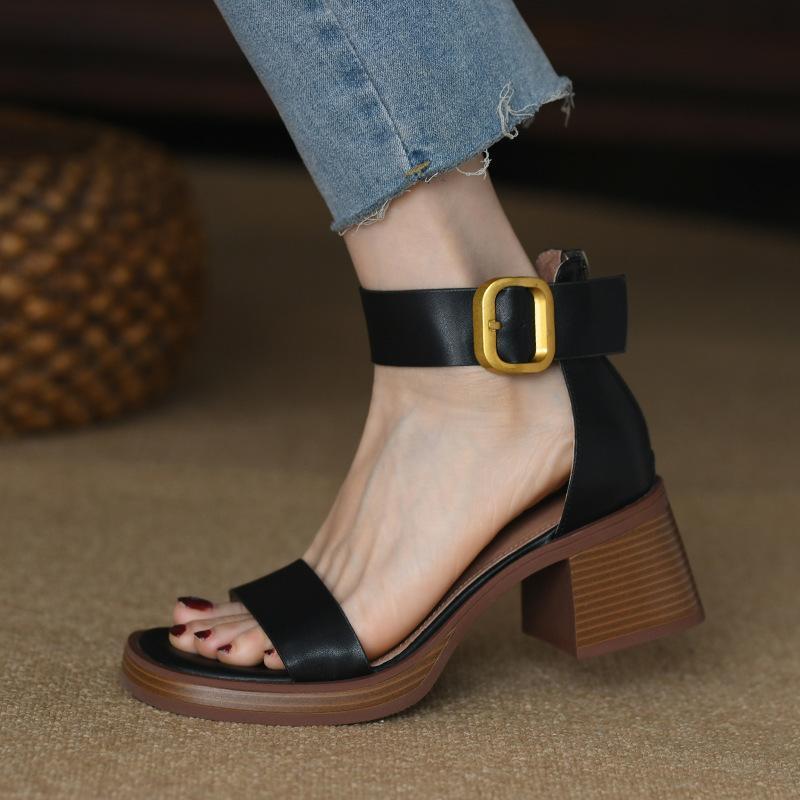 British style retro word with sandals women's middle heel bag heel back zipper open toe 2025 summer high heels women's thick heel