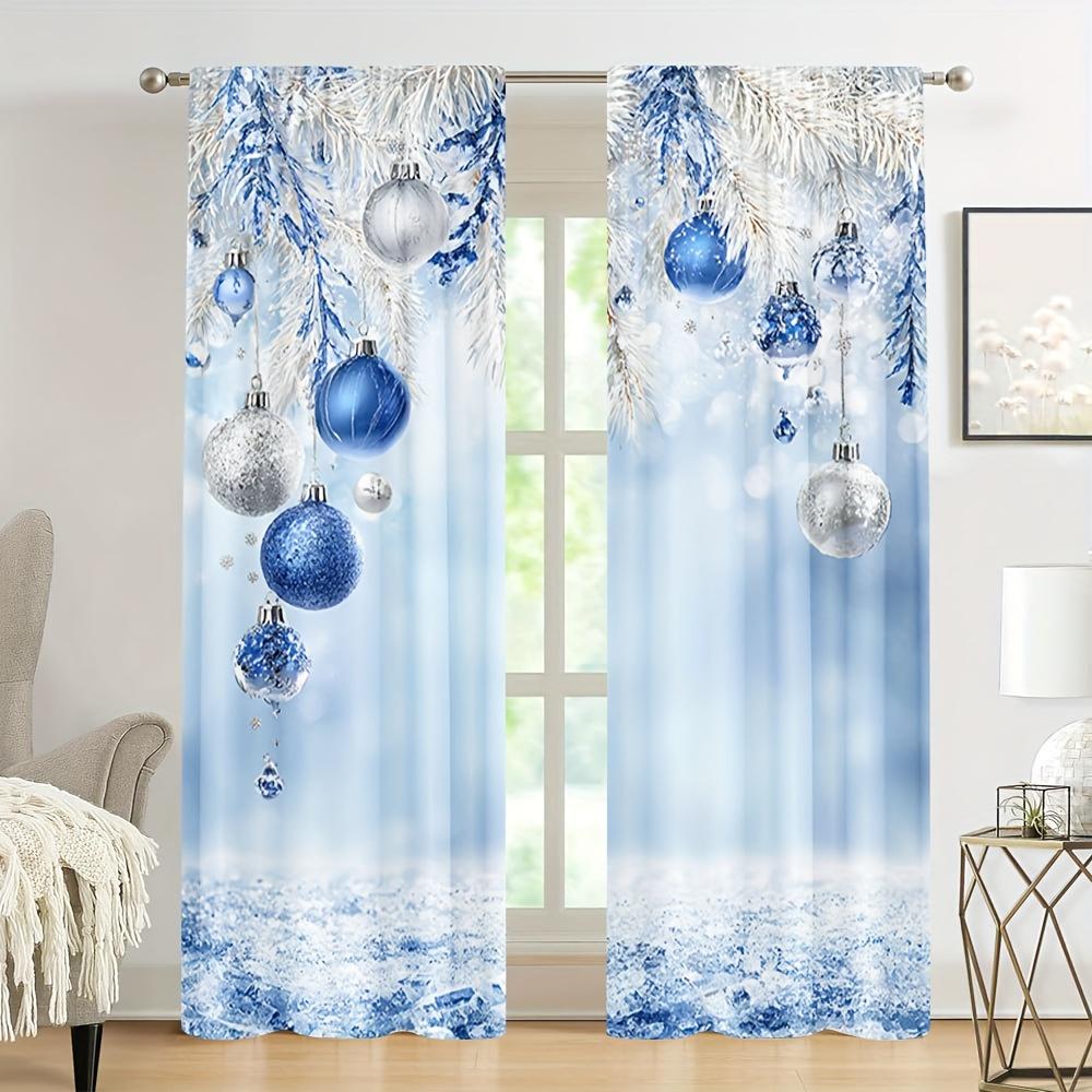 2 Pcs Elegant Blue & White Christmas Ball Sheer Curtains – Light Filtering for Living Room Bedroom Office Kitchen