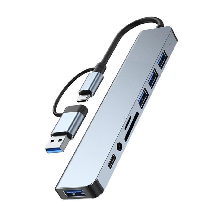 Aluminum 8 In 1 USB C Adapter Hub with 4 USB Port Splitter Adapter Small Card Reader and 3.5 Auditory Port Efficient