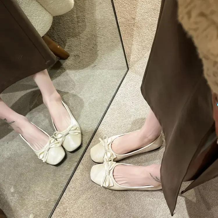 Shoes Woman 2025 Female Footwear All-Match Shallow Mouth Bow-Knot Casual Sneaker Square Toe Slip-on New Summer Comfortable