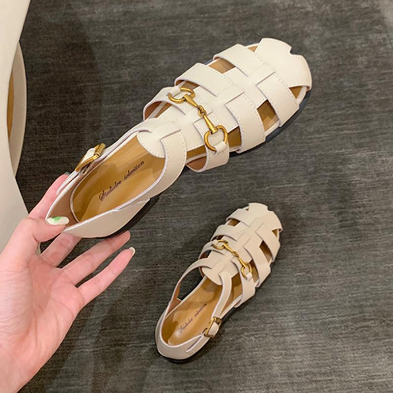 Leather Roman Sandals Women's Hollow 2025 Summer New Beach Shoes Woven Horse Buckle Retro One-word Buckle Cool Slippers