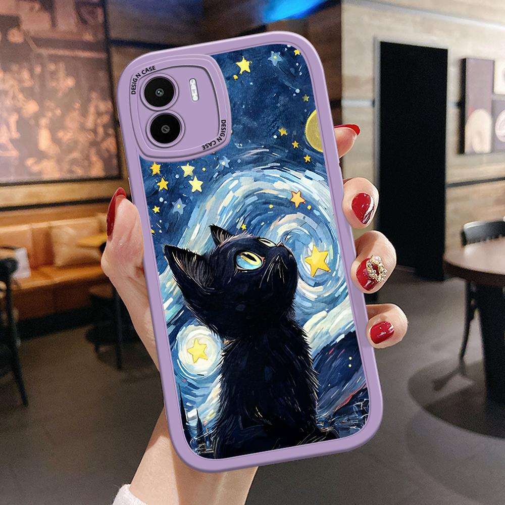 The Starry Night Black Cat PU Leather Phone Case for iPhone 15 14 13 12 Pro Max Samsung Galaxy S23 Ultra S20 FE A52 Redmi Xiaomi POCO Soft Cover