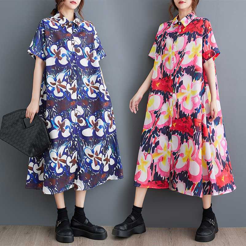 

Summer Short Sleeved Loose Plus Size Fashionable Printed Dress one size красный