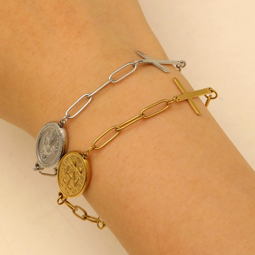 High Quality Western Retro Virgin of the Cross Titanium Steel Bracelet, Men's and Women's Geometric Stainless Steel Chain Simple Bracelet