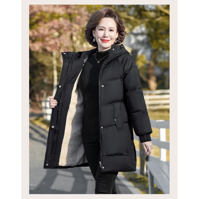Winter Cotton Padded Jacket Hooded Fleece Thick Parkas Warm Loose Long Overcoat Middle Aged Coat