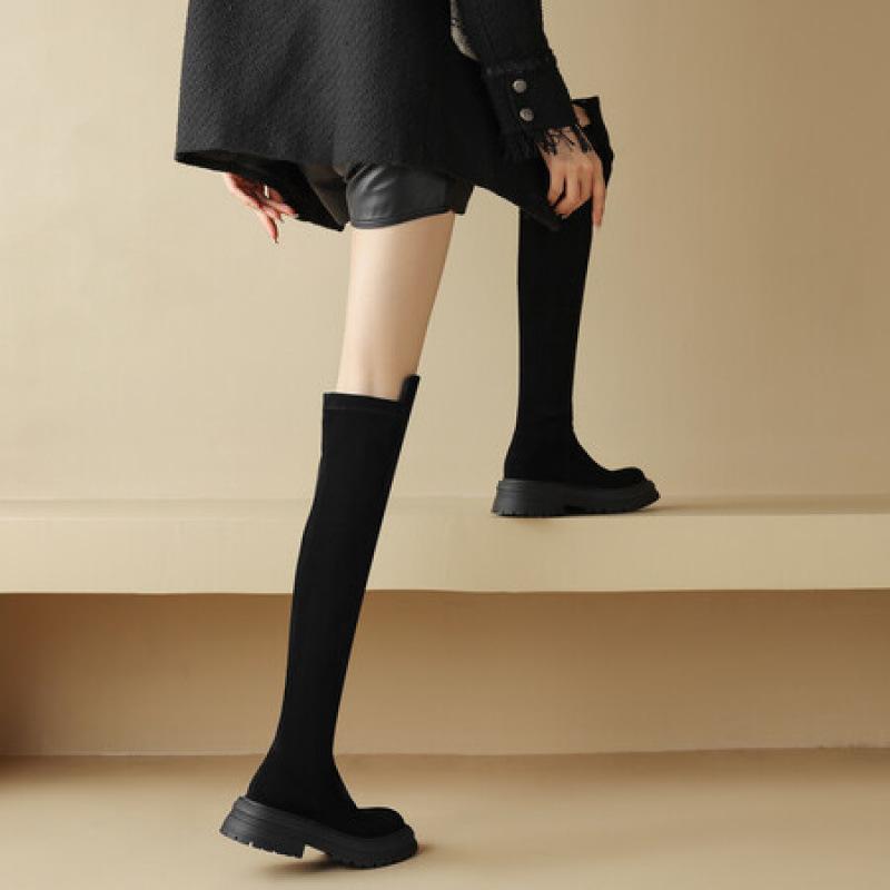 Autumn and Winter Suede Over-knee Boots Women's Comfortable Medium Heel Thick Sole Square Heel Round Head Women's Boots Korean Version Large Size Blac