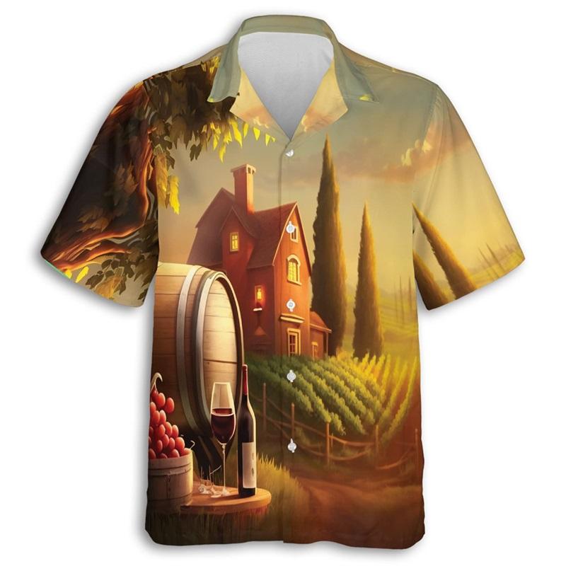 ETST51 3D Print Mousserende Wijn Grafisch Hawa&iuml;aans Shirt Voor Mannen Zomer Korte Mouw Champagne Knopen Beach Shirt Mannen Blouse Tops S