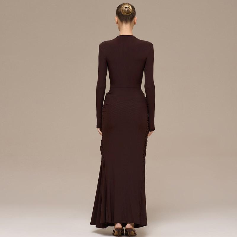 European Style Autumn Solid Color Long Sleeve Dress with Decorative Buckle