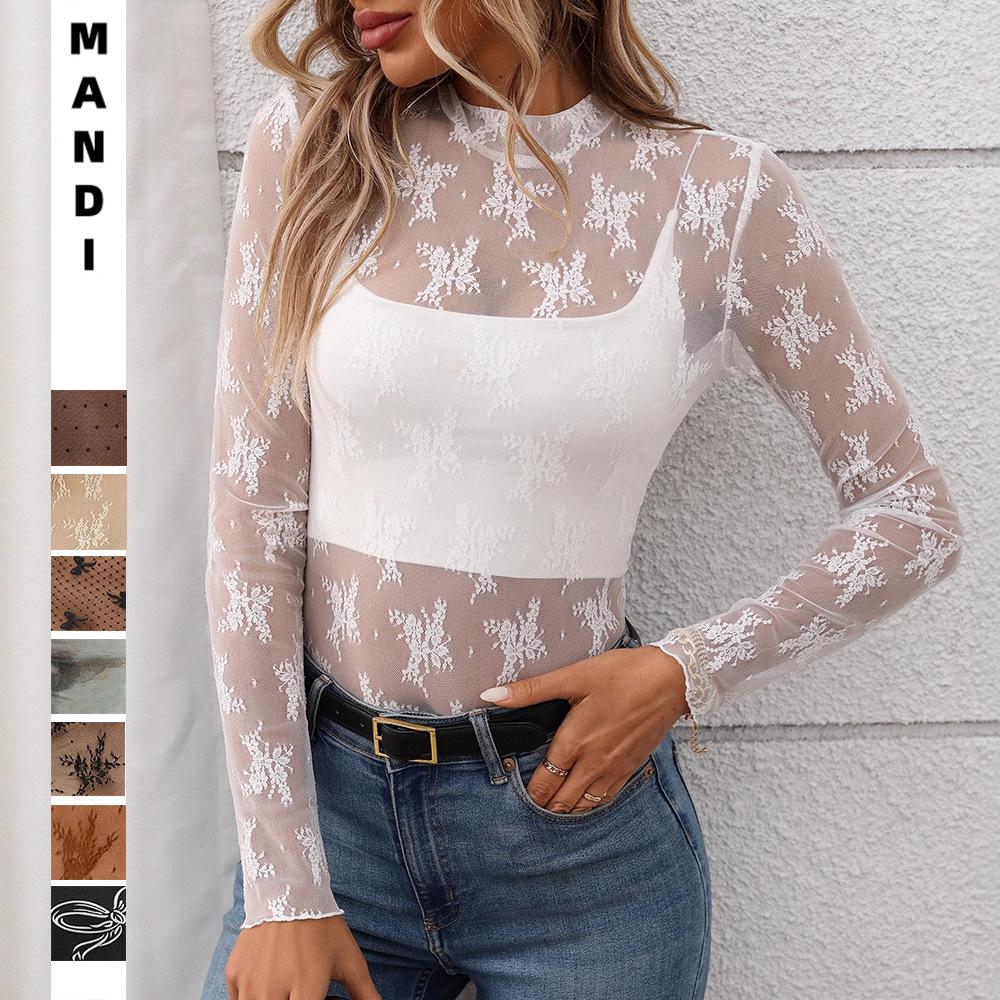 2026 European American Women's High Neck See-through Long Sleeve Sexy Y2K Mesh Top