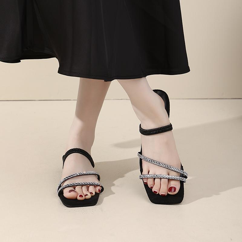 Fashion 2025 New Style Women's Sandals Rhinestone Embellished Fashion Outerwear High Heel Net Weight Casual Slippers Zapatos De Mujer