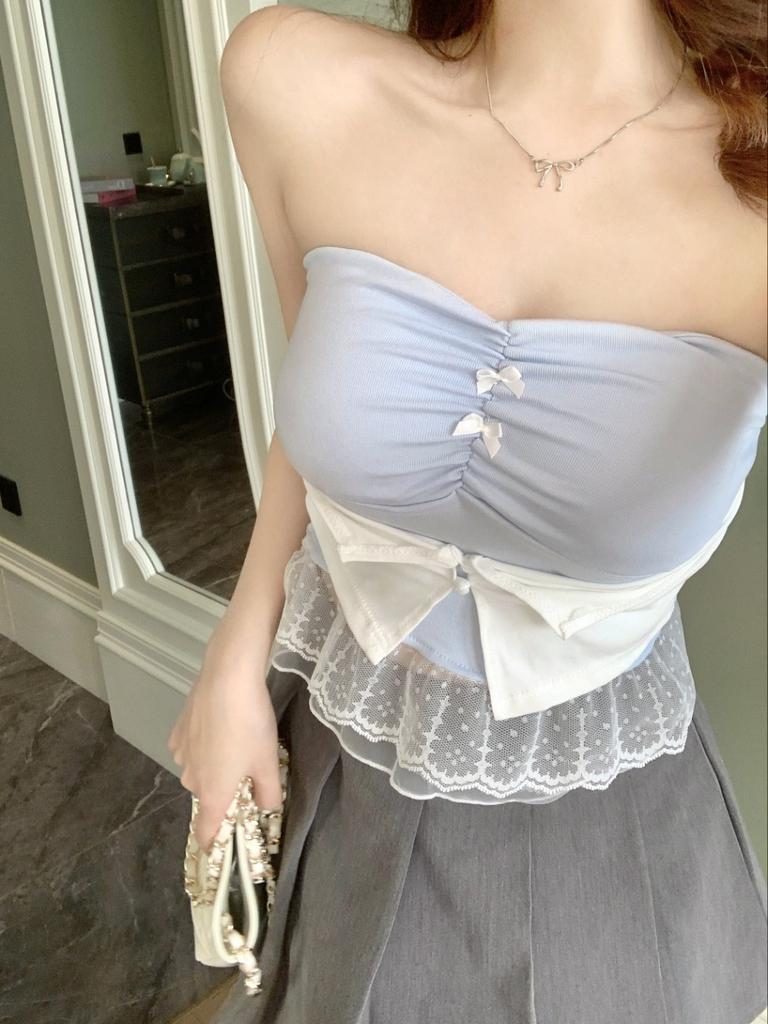 #Summer new sweet and spicy lace hem splicing tube top slim and thin women's fixed top with chest pad
