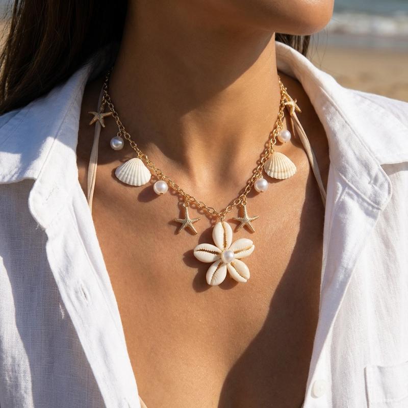 Bohemia Gold Plated Double Layer Shell Necklace For Women Starfish Conch Scallop Pendant Choker Summer Beach Jewelry Accessories
