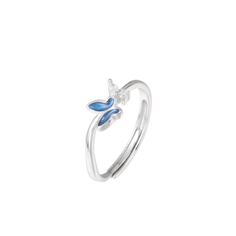 S925 Sterling Silver Blue Butterfly Open Ring: Women's Fashionable High-End Index Finger Accessory