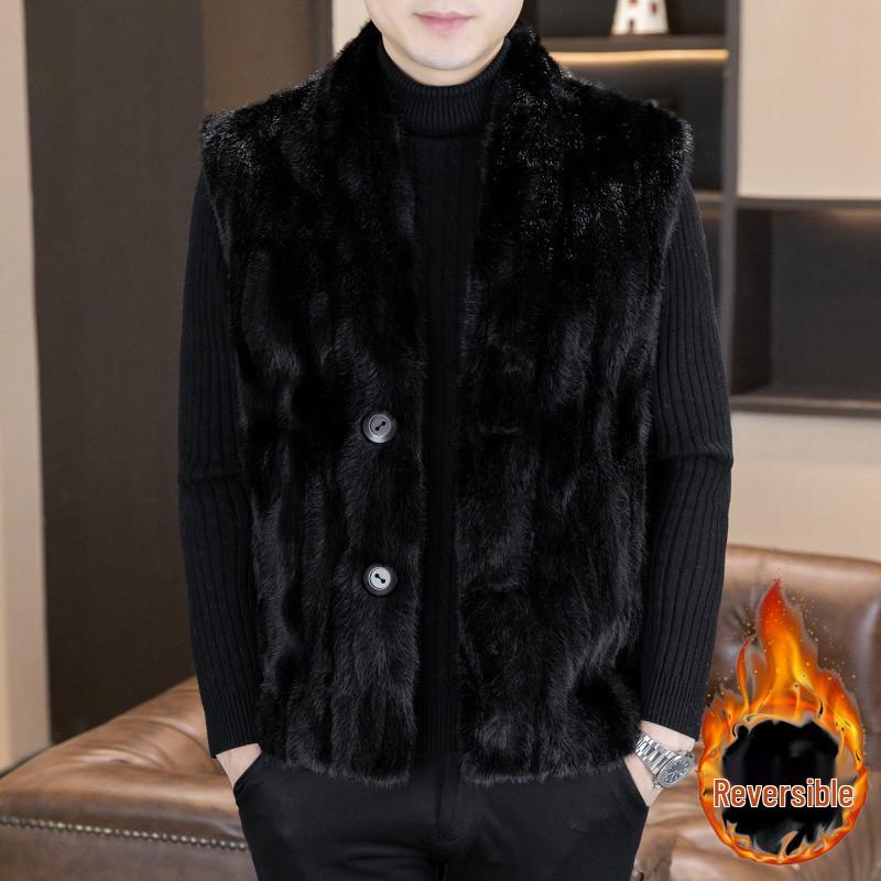 Men's Winter 2025 Faux Leather & Golden Mink Velvet Fur-Integrated Thick Gilet Jacket