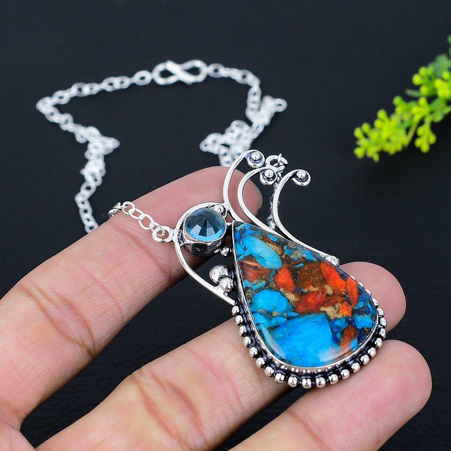 Spiny Oyster, Blue Topaz Gemstone Handmade Ethnic 925 Silver Necklace 18" I5J14