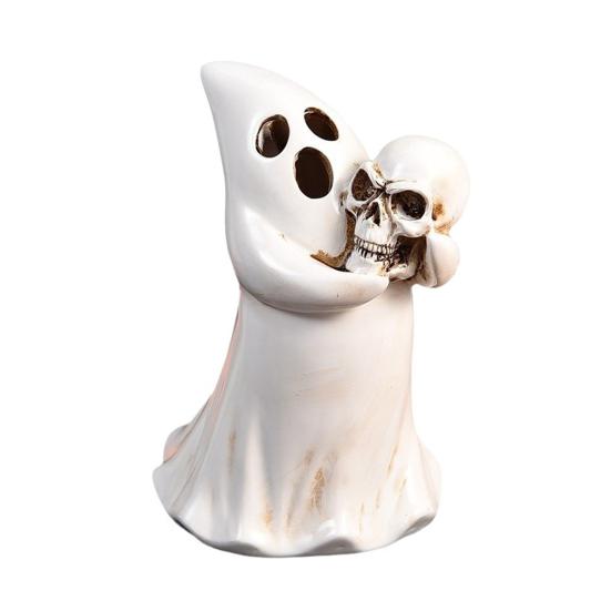 Decorative Light Holder Halloween Ghost Figurine with Skull, Resin Statue for Tabletop Decor, Creative Holiday Gift Friends Retro Gothic Ornament Home