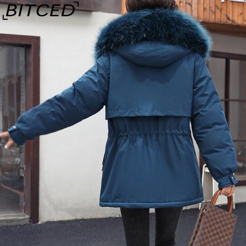 BITCED Women's Mid-Length Drawstring Cotton Coat with Fleece Lining Loose-Fit Puffer Jacket with Down-Fill Cotton Padding Winter Outerwear