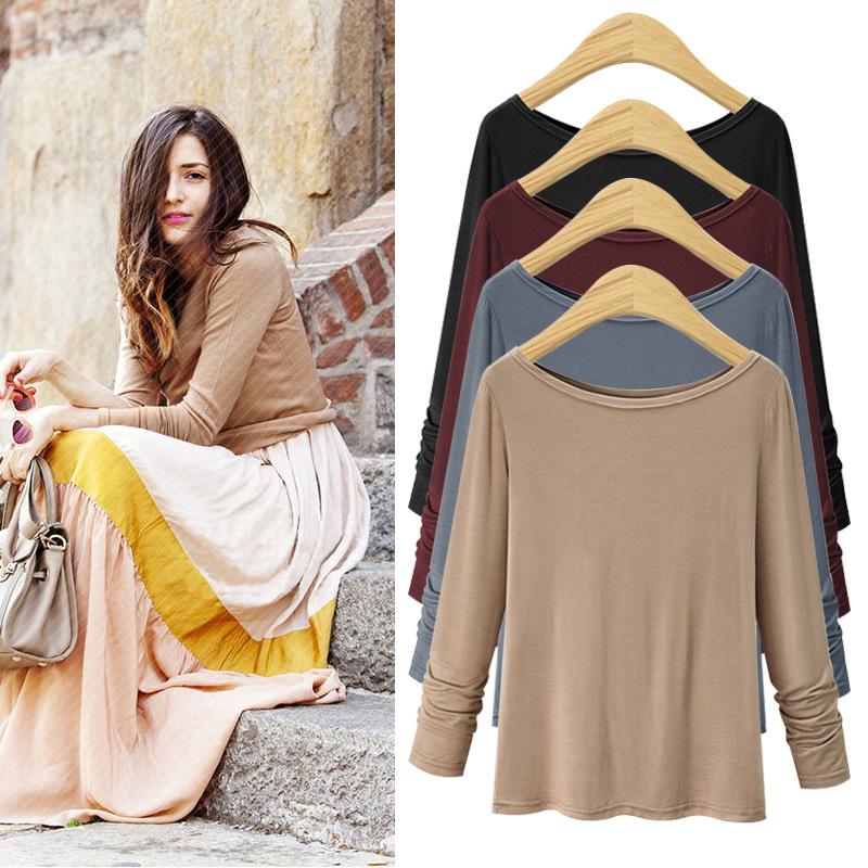 

Spring and Autumn Base Shirt Large Size Round Neck Loose Long Sleeve T-shirt Women s 200kg Fat Mm Plus Fat Plus Large Solid Color Top M