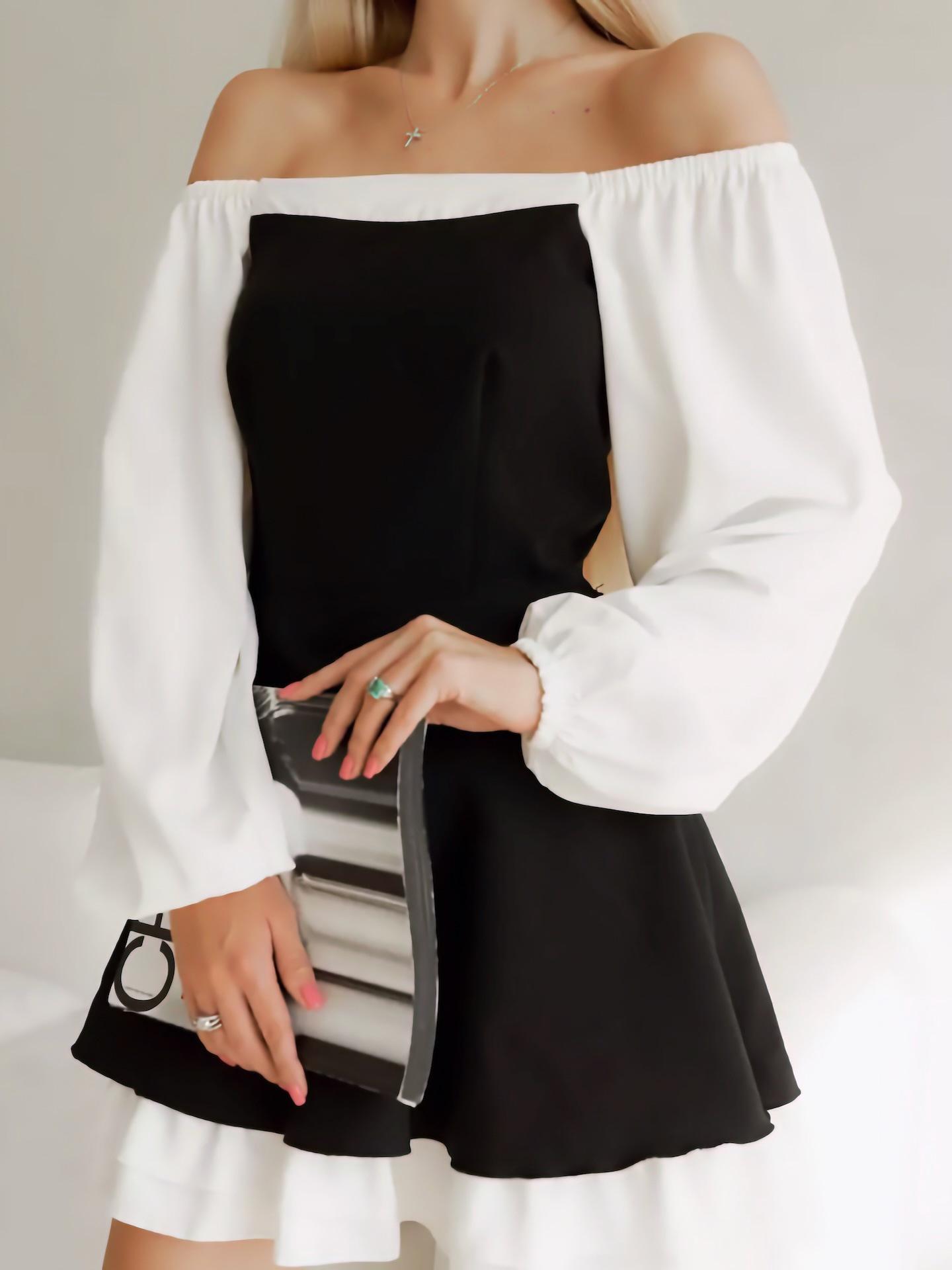 2026 Spring/Summer High-End Black & White One-Shoulder Ruffle A-Line Evening Gown S