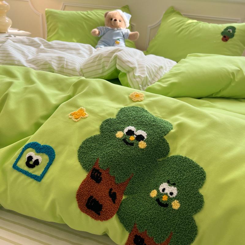 Cartoon Cotton Towel Embroidered Comforter Set Machine Washable Bed Linen Bedding Spring New Soft Breathable Fitted Sheet