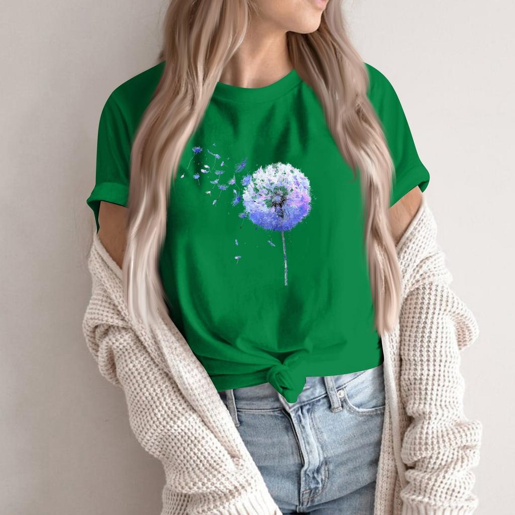 Women's Fashion Casual Printed Round Neck Short Sleeved Pullover T-Shirt Top