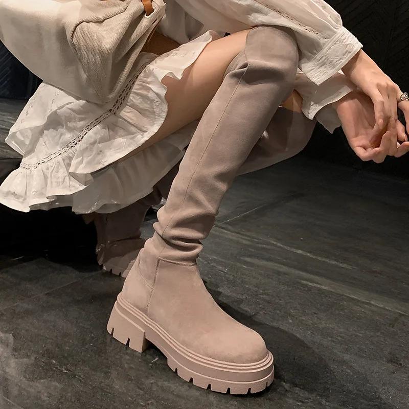Platform Knee High Boots for Women Autumn Winter Slip On Leather Boots Woman Elastic Thick Soled Over Knee Botas