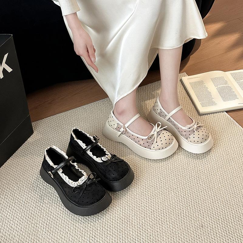 French bow mesh breathable retro Mary Jane shoes women's 2025 summer new single shoes heightening ballet shoes