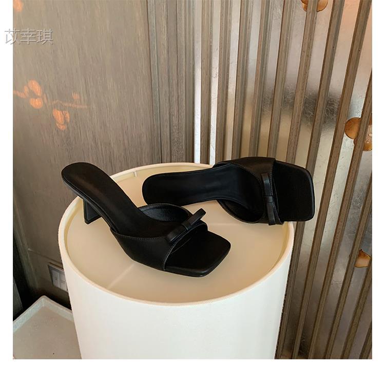 Sheepskin lady style bow literally square head high heels open-toed slippers women's summer leather cool slippers