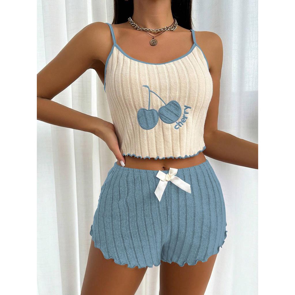 Summer 2pcs Pajamas Set for Women Casual Simple Ground Halter Vest Shorts Set Home Wear Sleepwear Loungerwear