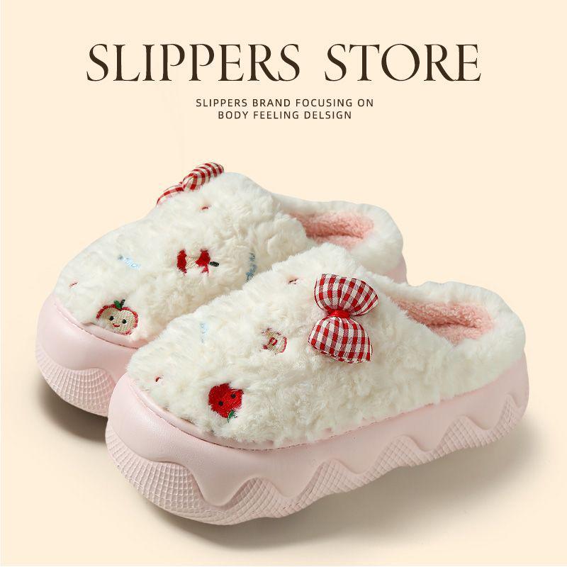 

Женские зимние хлопковые тапочки на толстой подошве: Милый бантик, Пушистый, Теплый, Нескользящий, Увеличивающий рост 38-39 (Fits 37-38)