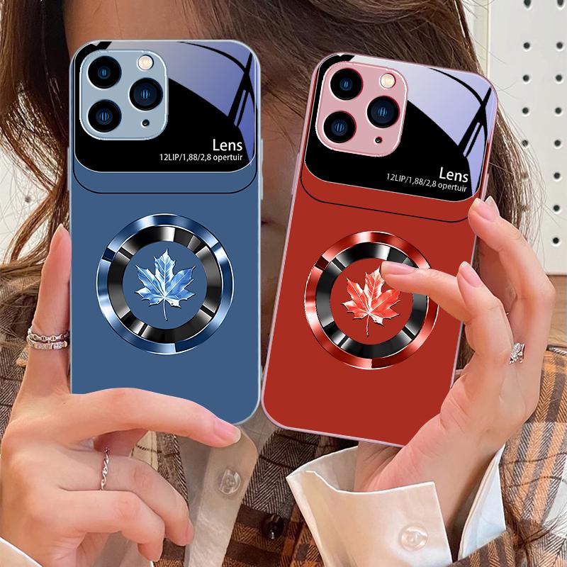 Kreis Ahornblatt Für IPhone 16 Pro Max 15 Pro 14 13 12 Mini 11 XS Max XR 7 8 Plus SE 2022 Gehärtetes Glas Handyhülle