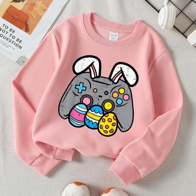 Kids Crewneck Long Sleeve Sweatshirt, Easter Bunny Game Controller & Easter Eggs Print