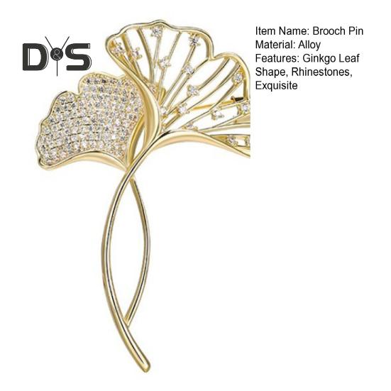 Women Elegant Ginkgo Leaf Shape Brooch Shiny Rhinestones Inlaid Pin Suit Collar Shawl Scarf Badge Costume Accessories