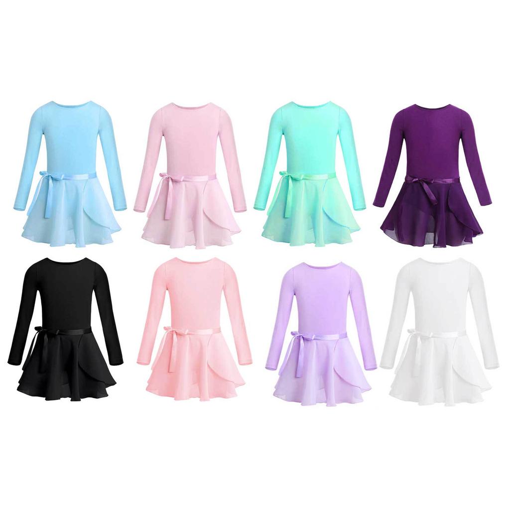 Girls Ballet Leotard Dancewear Cotton Long Sleeves Ballet Dance Class Gymnastics with Chiffon Tied Skirt Set Ballerina Clothing