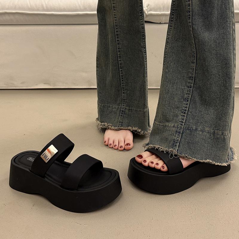 

Height-increasing platform slippers women s summer outer wear fashion and high-end new slope heel sandals 40 чёрный