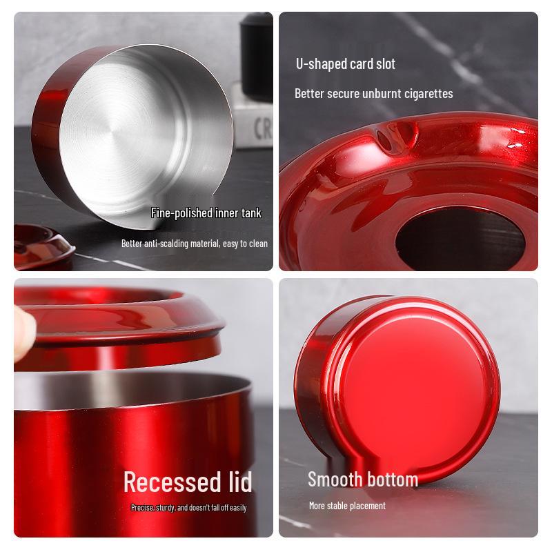 Lidded Stainless Steel Ashtray - Anti-Fly Ash Design for Home, Cafe, and Bar