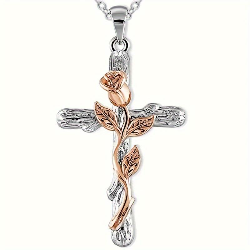 1pc Retro Pendant Necklace with Cross and Rose Flower, Three Colors Options