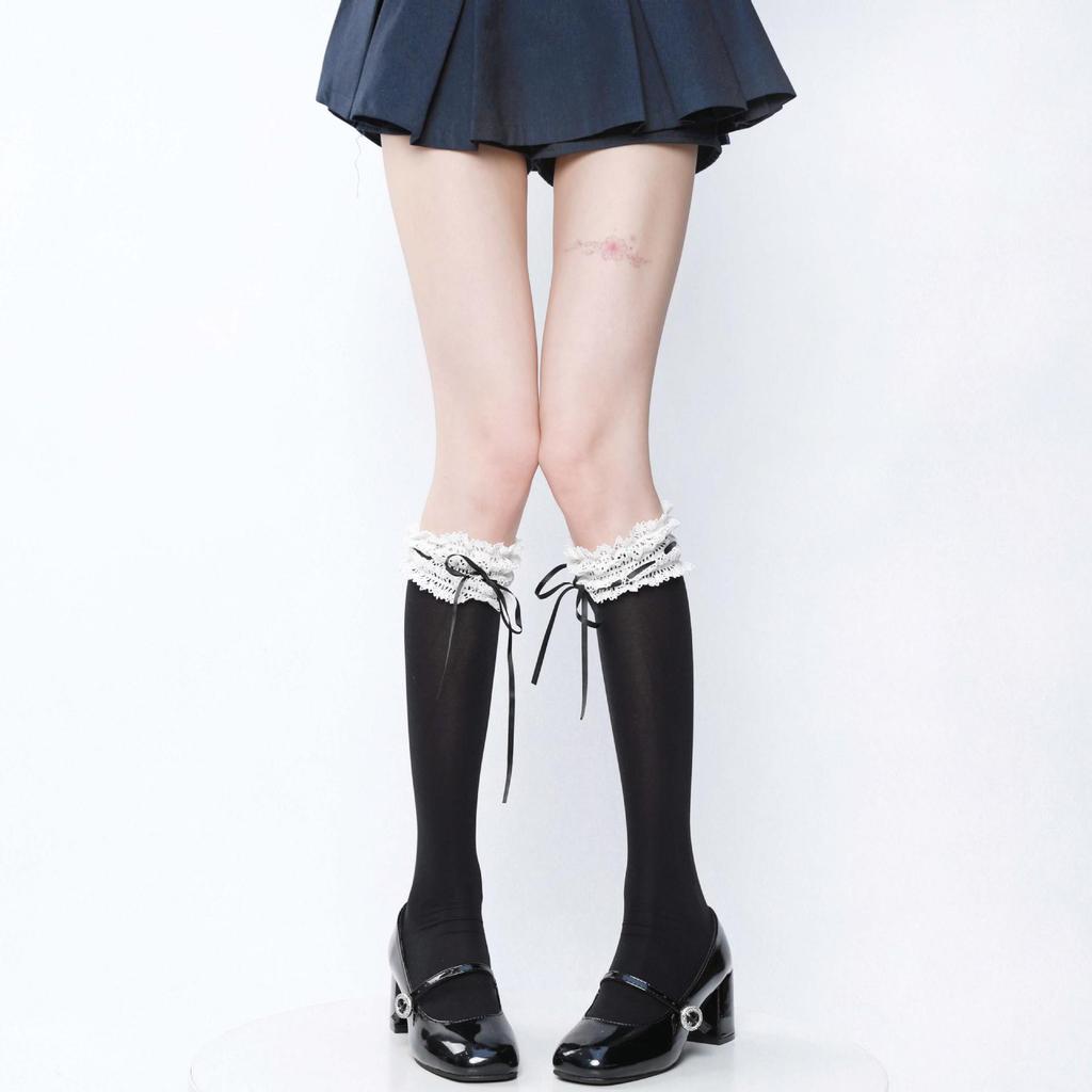 White Velvet Calf-Length Ballet Socks with Lace Trim - Lolita Japanese Style