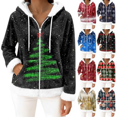 Damen Freizeitmode Langärmiger Fleece-Kapuzen-Cardigan mit Reißverschluss