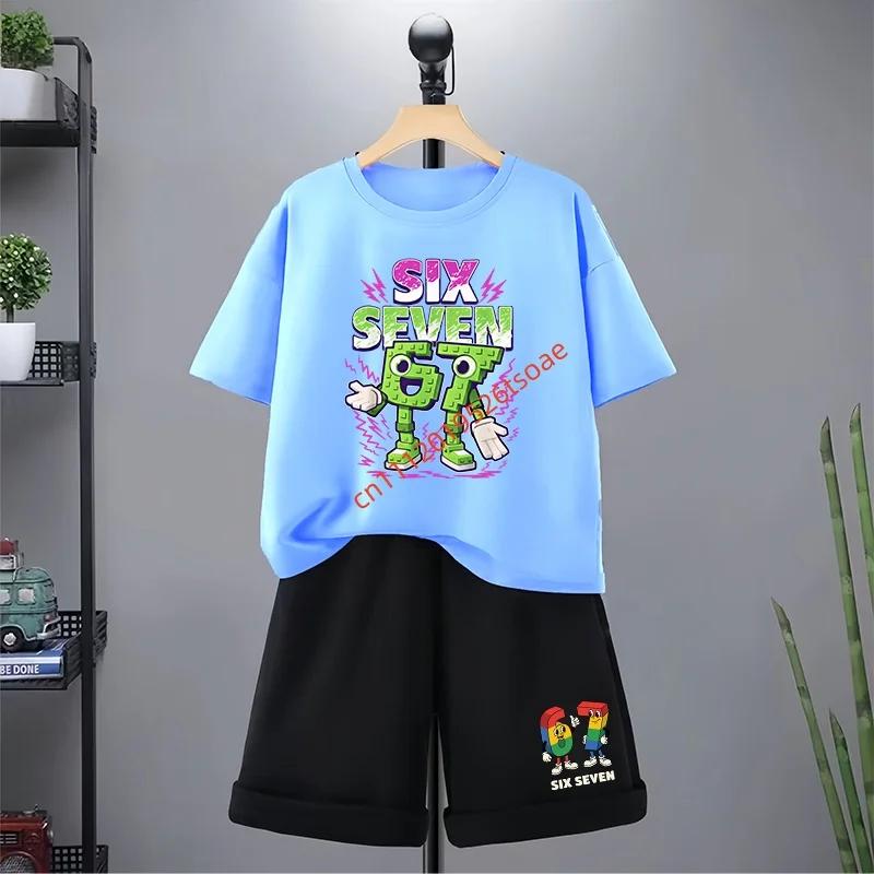 67 Çocuk Tişört 3-12 Yaş Yaz Altı Yedi Baskılı Kısa Kollu Sevimli Komik Moda Erkek Kız Bebek Üst+Şort 2 Parça Günlük Set