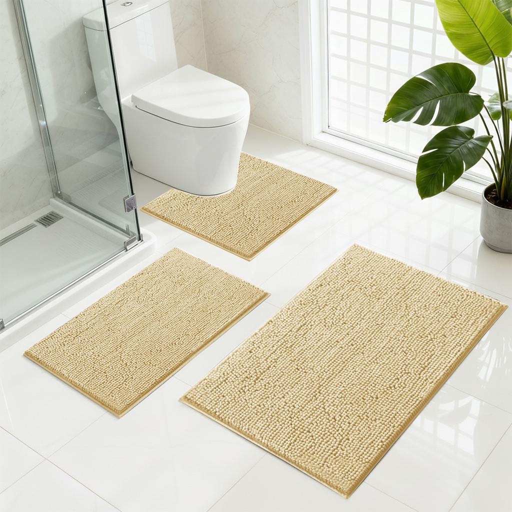 Set of 3 Bathroom Rug Bath Mats for Bathroom Floor Super Thick Soft Shaggy Chenille Bath Mats Dry Fast Water Absorbent Bath Mats