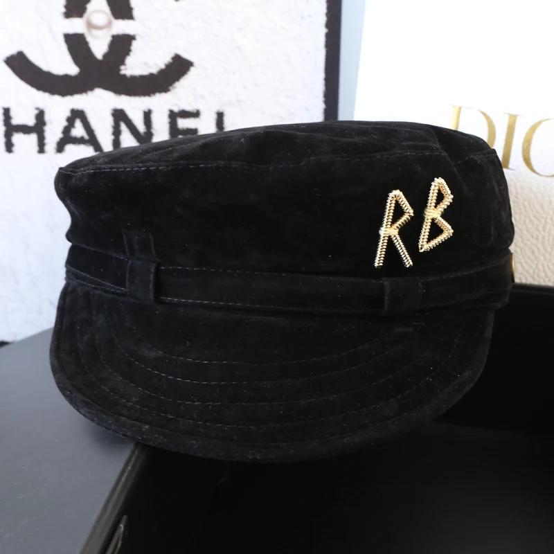 

Autumn Winter Suede Military Cap Women Letter RB Design Fashion Painter Hat British Retro Newsboy Cap Vintage Octagonal Hat 56-58cm чорний